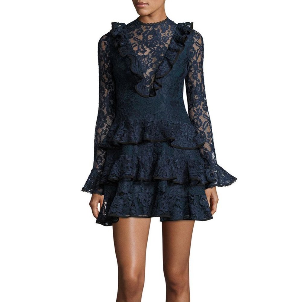 ALEXIS Blue Tracie Tiered Ruffled Lace Dress